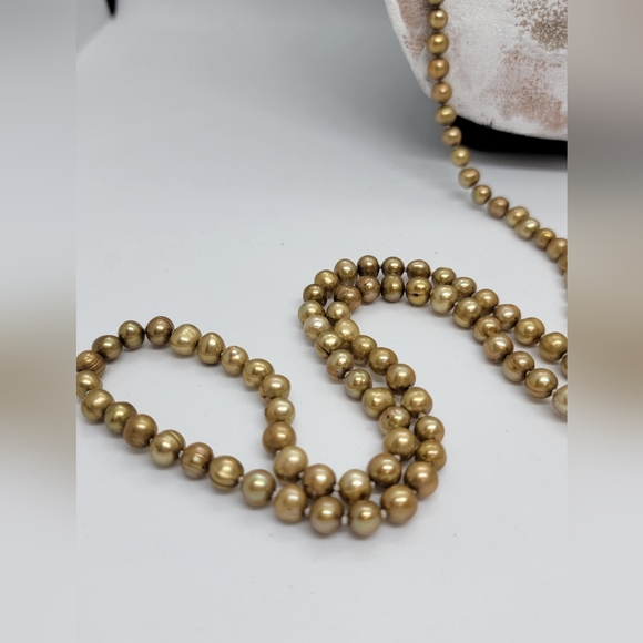 Baroque Genuine Pearl Necklace Gold Bronze  32" Drop  6mm Hand Knotted - Picture 9 of 10